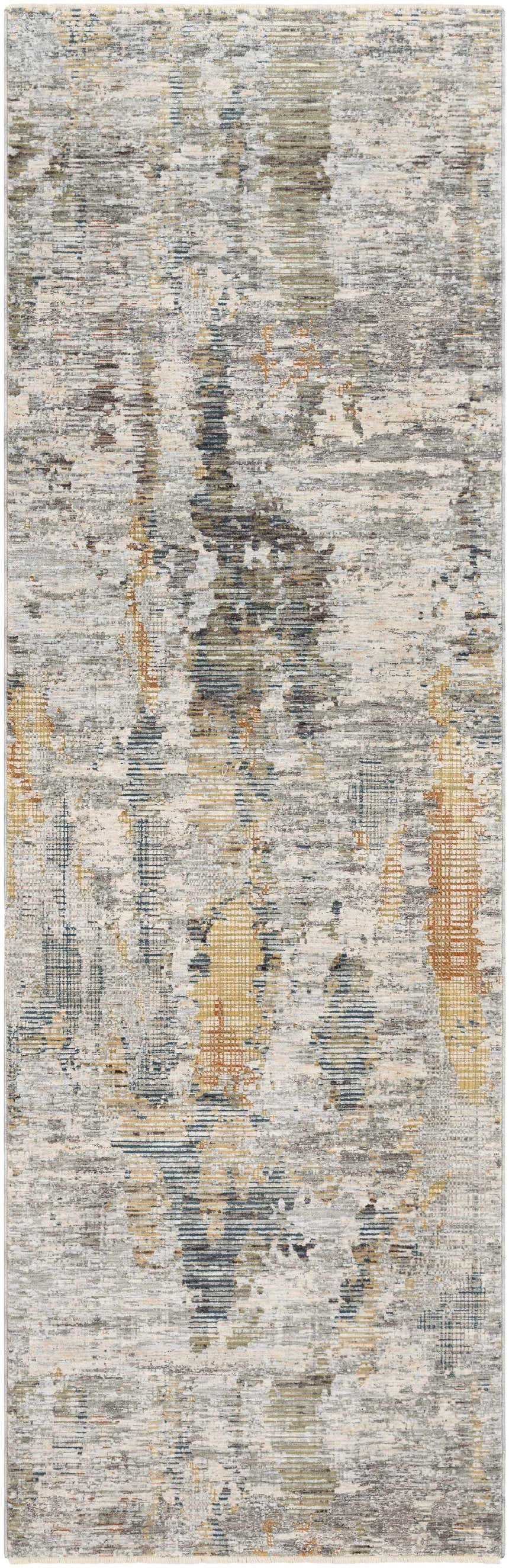 Close-up of the Hustontown Carved Statement Rug. Features a contemporary design in blue, gray, orange, and ivory hues. Design-Runner-3310