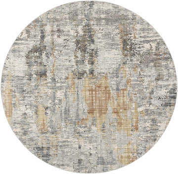 Round Hustontown Carved Statement Rug with abstract design in blue, charcoal, sage, gray, and saffron. Design-Round-710