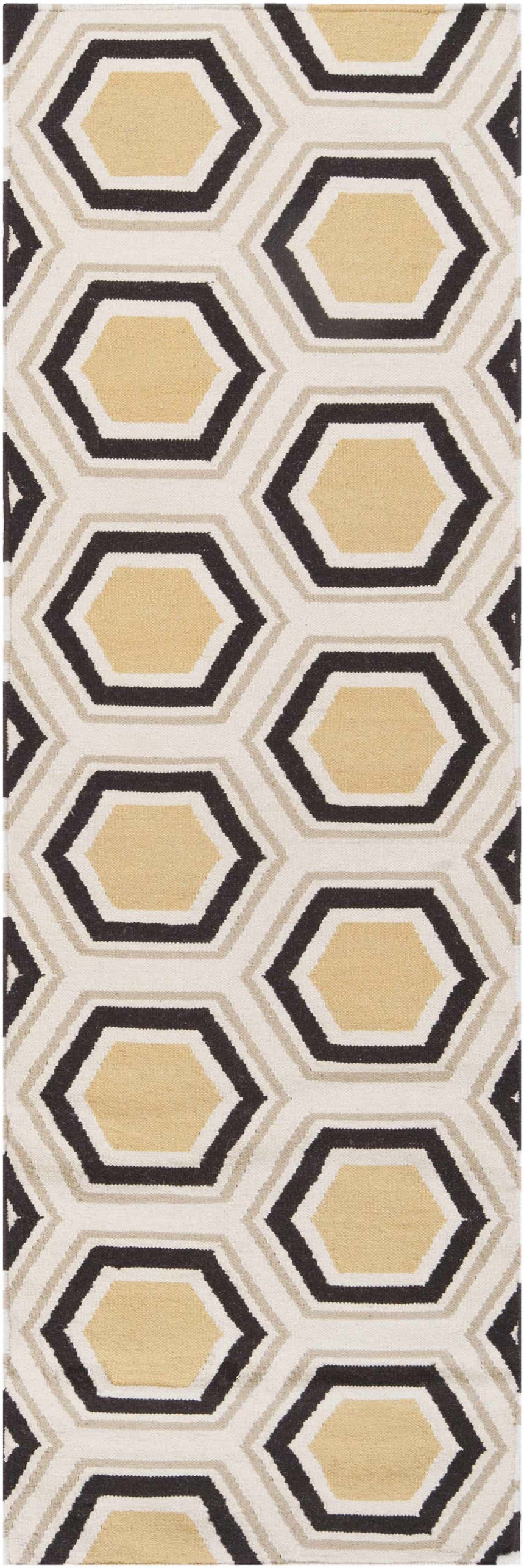 Hydeville Area Rug, a hand woven wool rug with a geometric hexagon pattern in black, camel, and light beige. Design-Runner-268