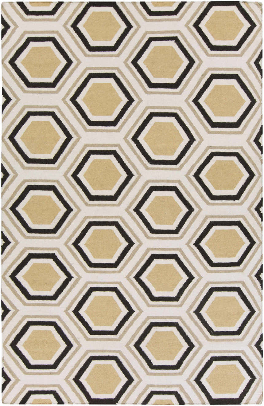 Close-up of the Hydeville Area Rug featuring a geometric hexagon pattern in black, camel, and light beige. Design-Rectangle-58