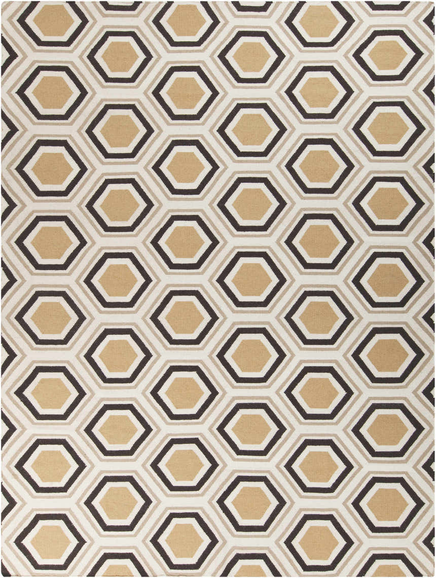 Close-up of the Hydeville Area Rug. Black, camel, and light beige hexagons create a contemporary geometric pattern. Design-Rectangle-811