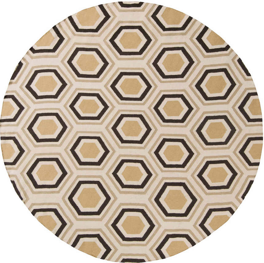 Round Hydeville Area Rug with a geometric hexagon pattern in black, camel, and light beige. Hand woven wool rug. Design-Round-8