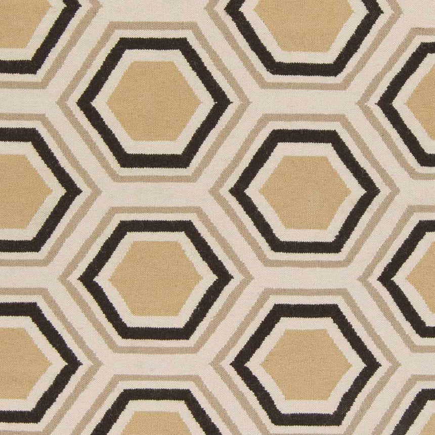 Close-up of the Hydeville Area Rug showing a geometric hexagon pattern in black, camel, and light beige wool. Swatch