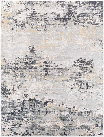 Close-up of the Hyner Area Rug featuring a contemporary abstract pattern in charcoal, gray, mustard, and off-white tones. Design-Rectangle-710103