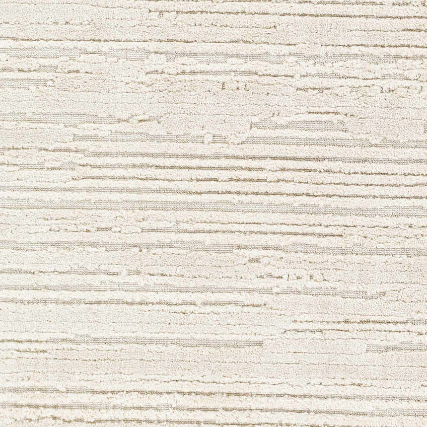 Close-up of the Ibarra Textured Ivory Rug, showing its high/low pile texture and subtle horizontal stripe design. Swatch