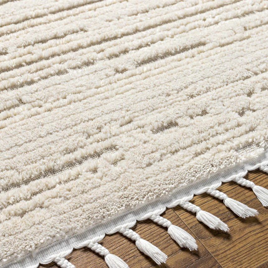 Close-up of the ivory Ibarra Textured High/Low Pile Rug showing the rug's texture and tassels. Texture