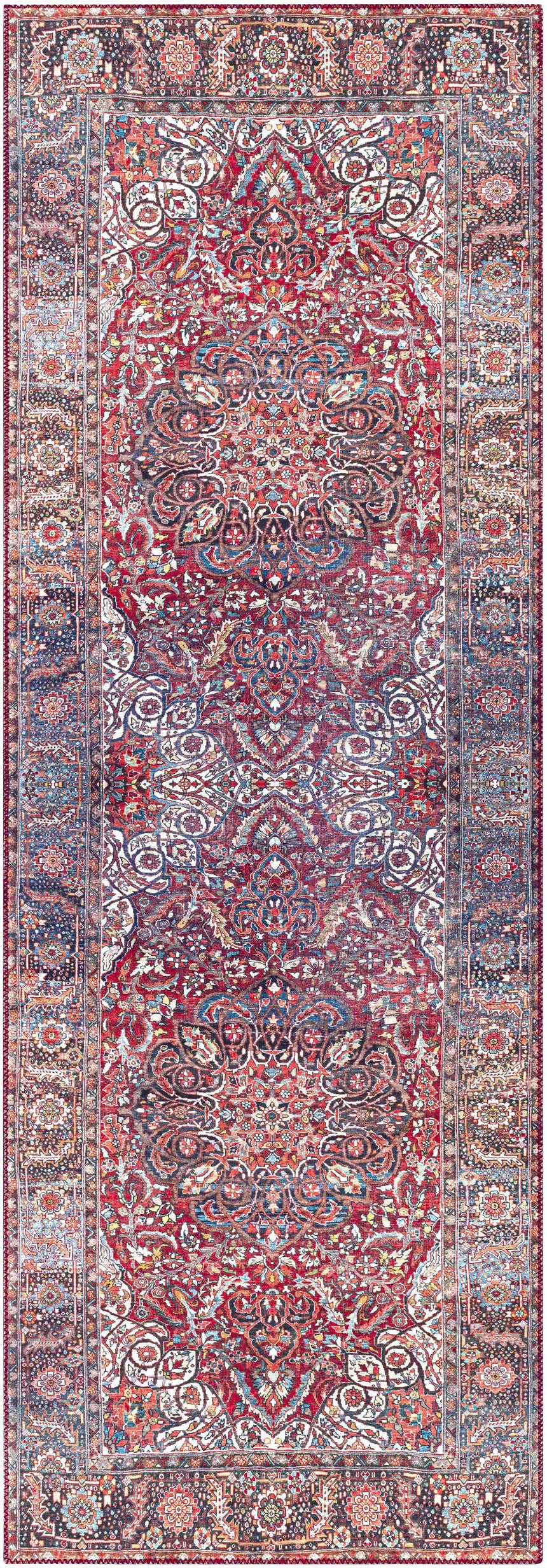 Detailed Ichon Area Rug with brick red, charcoal, and cream colors. Bohemian style, machine woven polyester rug. Design-Runner-2676