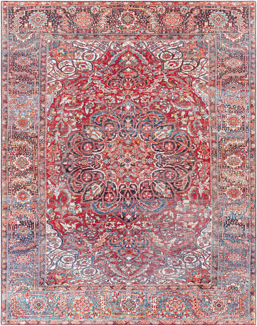 Detailed close-up of the Ichon Area Rug. Bohemian style with brick red, charcoal, and cream oriental rug pattern. Design-Rectangle-7696