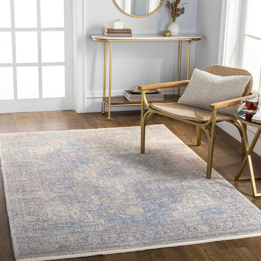 Entryway with gold accents and Akio Blue Area Rug. Farmhouse style with wood floors and natural light. Roomscene-Rectangle