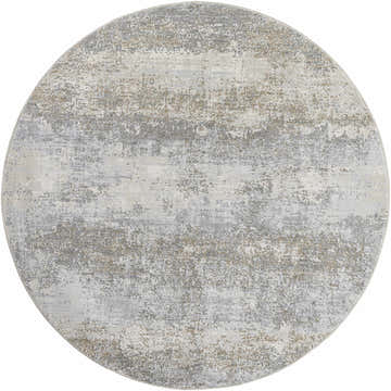 Close-up of the round Ikram Thick Luxe Boutique Rug, featuring a distressed abstract pattern in gray, light gray, and beige. Design-Round-53