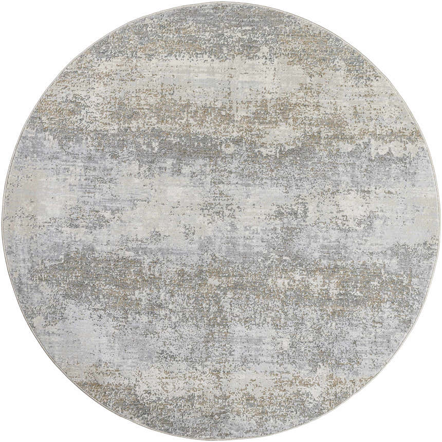 Close-up of the round Ikram Thick Luxe Boutique Rug, featuring a distressed abstract pattern in gray, light gray, and beige. Design-Round-53