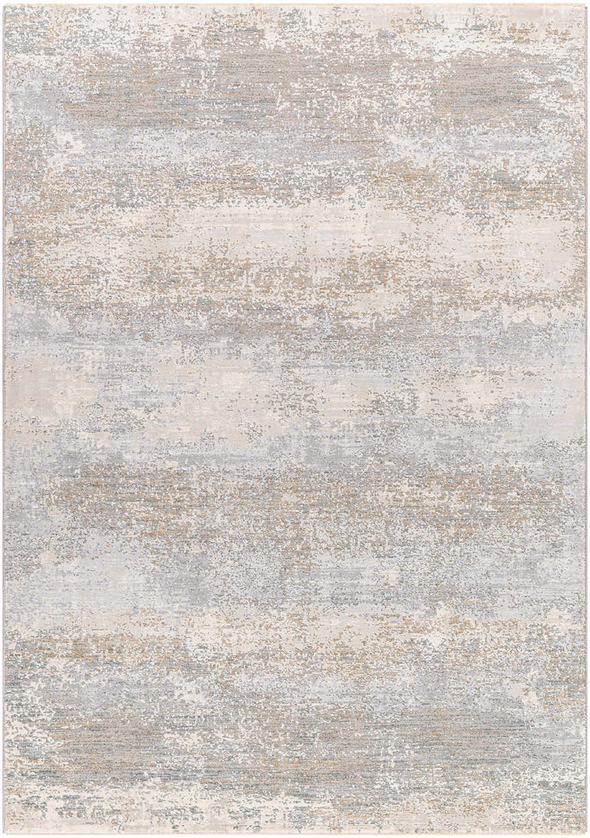 Close-up of the Ikram Thick Luxe Boutique Rug, featuring a contemporary gray, light gray, and tan abstract design. Design-Rectangle-575