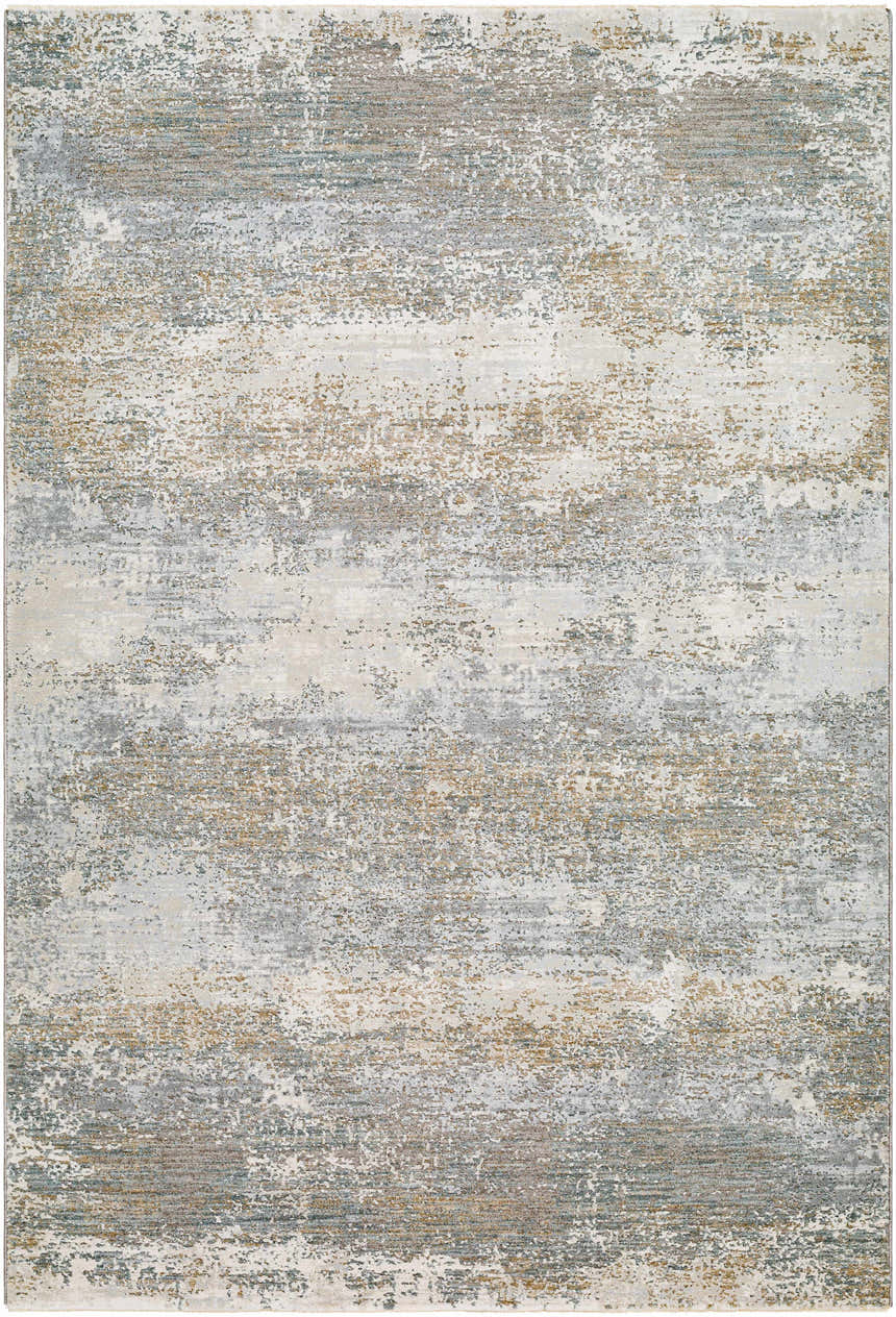 Close-up of the Ikram Thick Luxe Boutique Rug featuring a contemporary, abstract design in cloud gray, dark gray, and light gray tones. Design-Rectangle-576