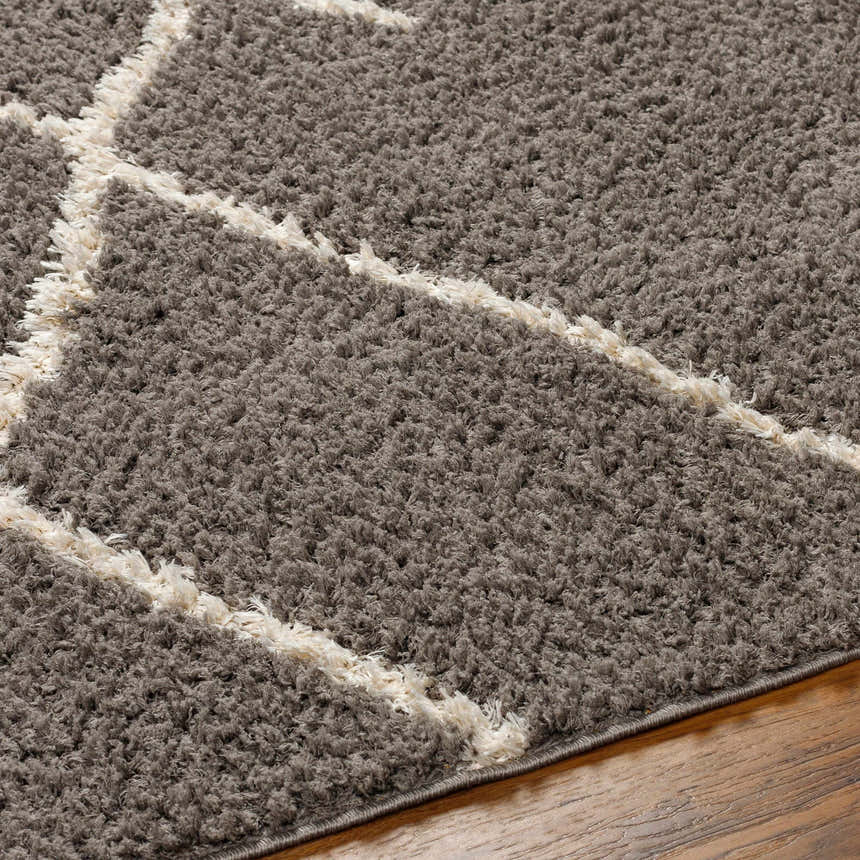 Close-up of the Ildri Area Rug. Gray shag rug with a geometric ivory pattern and soft texture. Texture