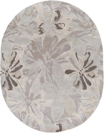 Close-up of round Ilfeld Athena Gray Floral Wool Rug; gray, taupe and brown floral pattern. Hand-tufted texture. Design-Oval-810