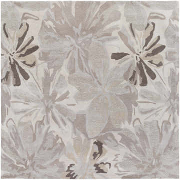 Close-up of the Ilfeld Athena Gray Floral Wool Rug, featuring a taupe, gray and brown floral pattern. Design-Square-8