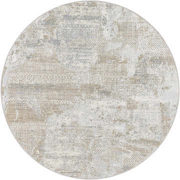 Round Indah Thick Luxe Area Rug in cloud gray, dark brown, and nutmeg. Contemporary style with a distressed pattern. Design-Round-53