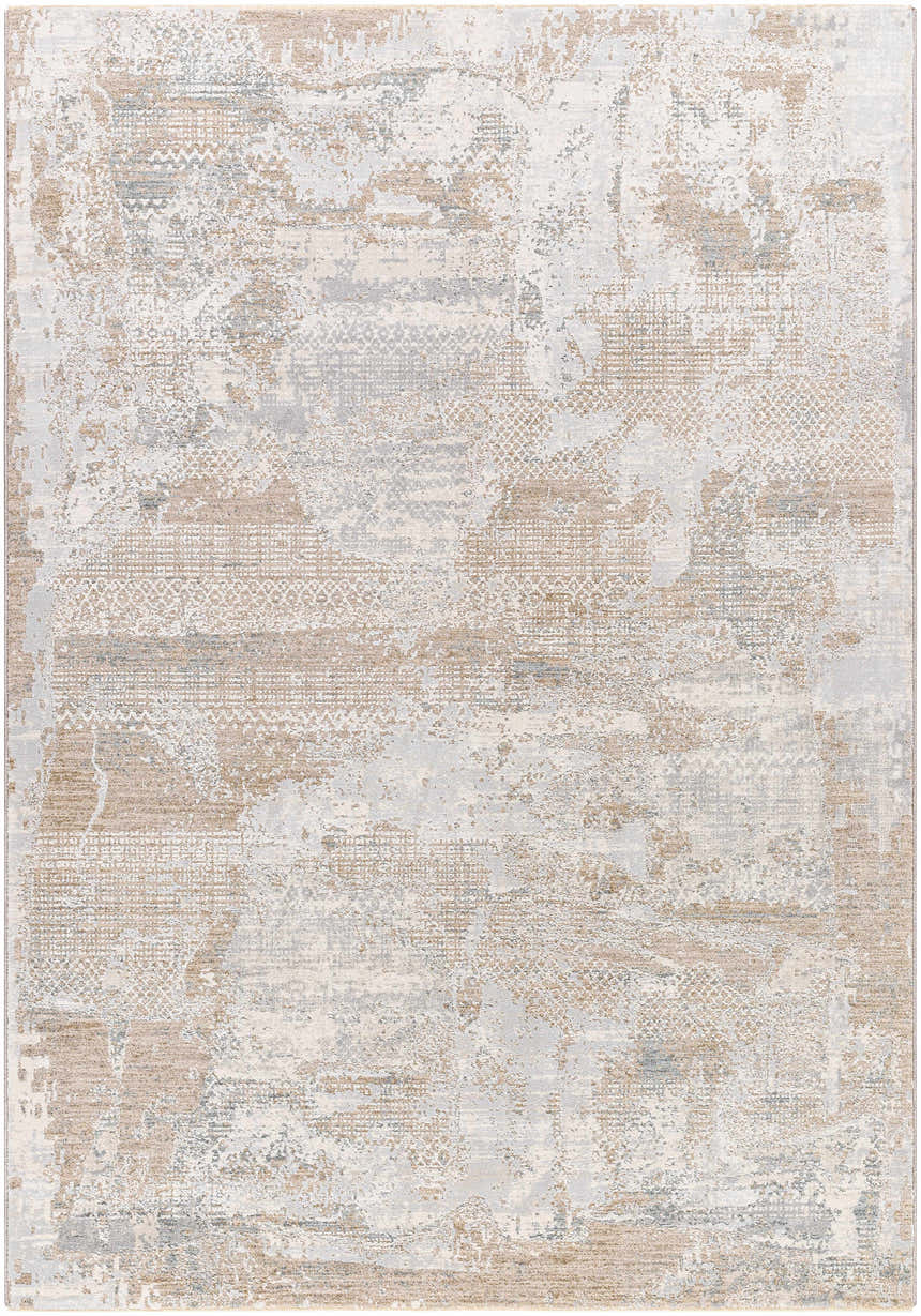 Close-up of the Indah Thick Luxe Area Rug. Contemporary style in cloud gray, medium brown, and light gray colors. Design-Rectangle-575