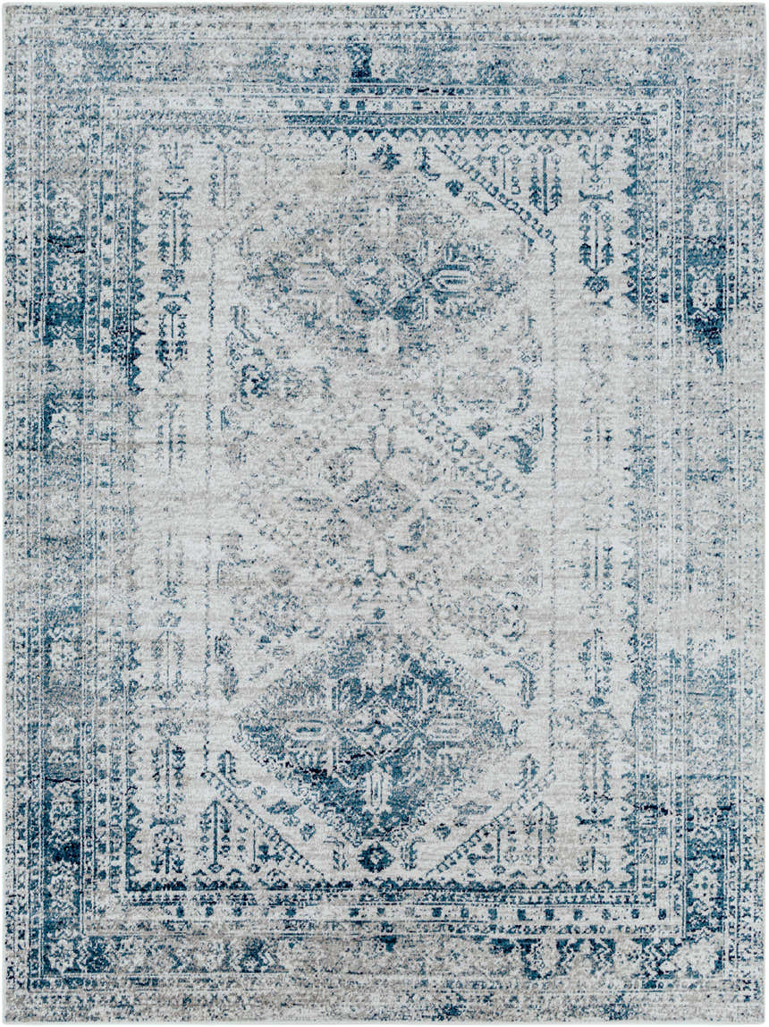 Detailed view of the Inkom Area Rug, featuring a traditional blue and light gray oriental pattern. Design-Rectangle-810