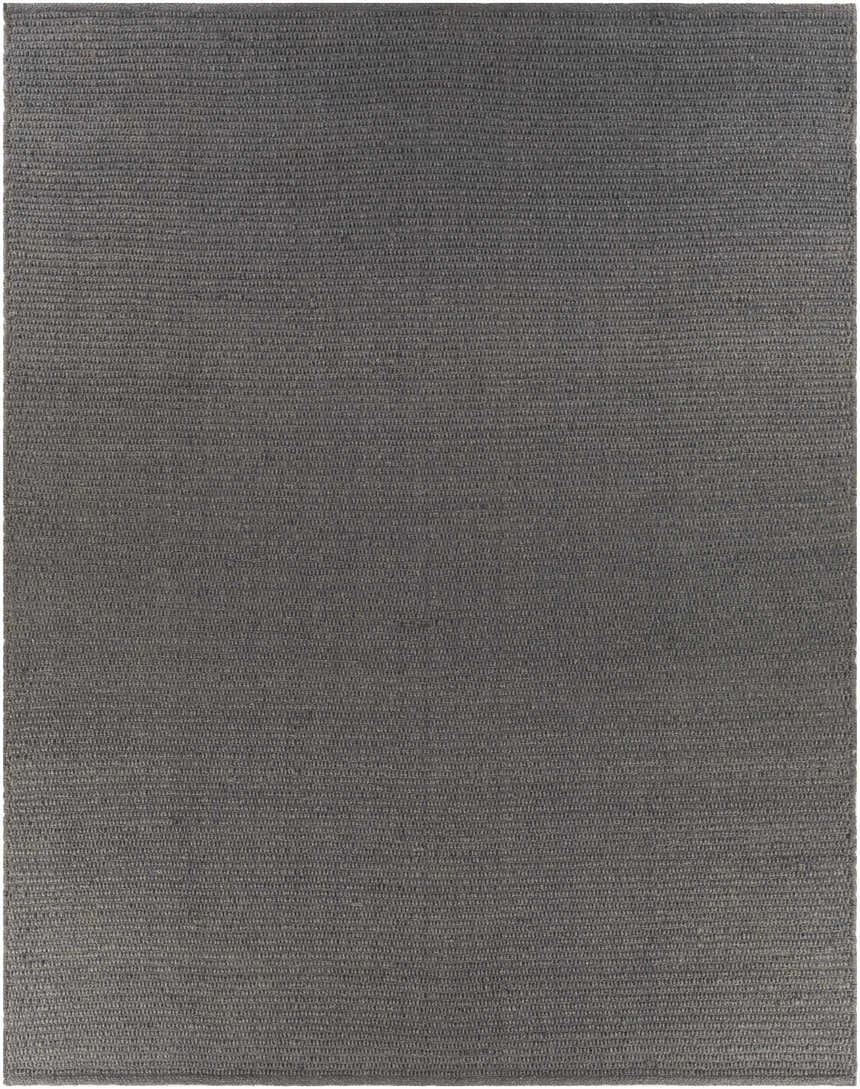Close-up of the hand woven Innisfail Area Rug. Medium gray, solid color, textured cotton and recycled PET yarn. Design-Rectangle-810