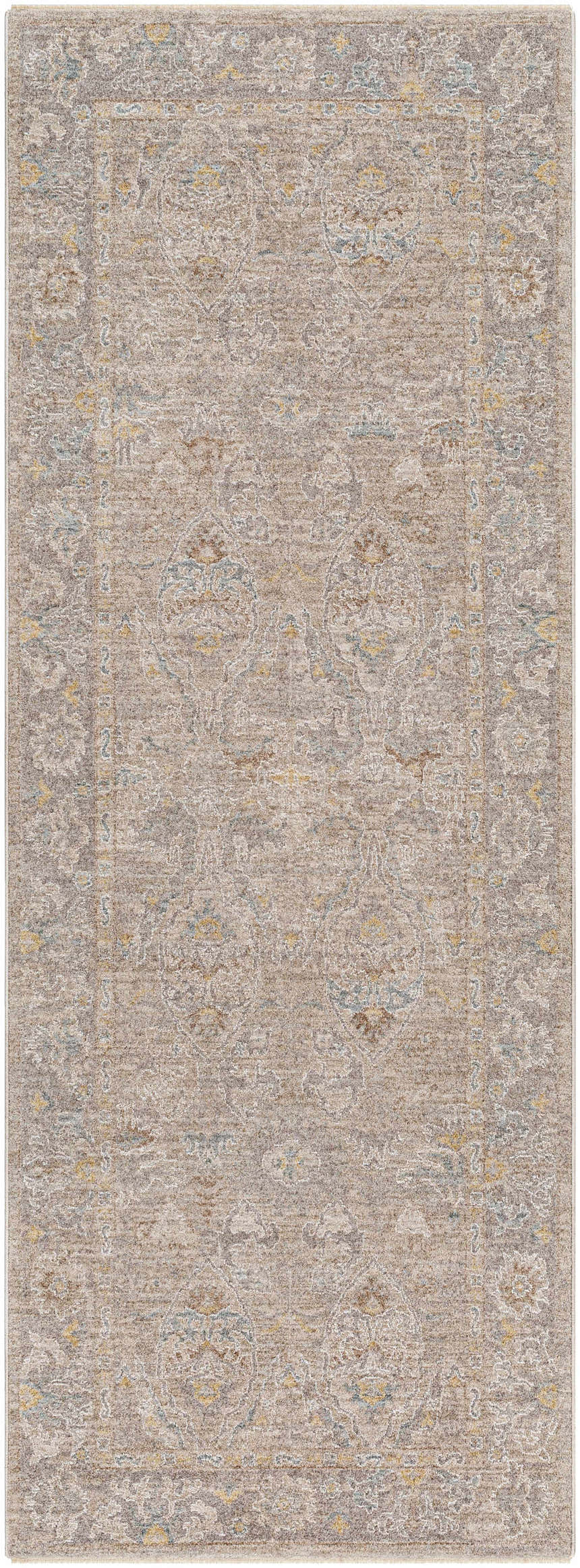 Close-up of the Istas Thick Luxe Area Rug in cloud gray, lambswool and nutmeg. Farmhouse style with a traditional floral pattern. Design-Runner-2773