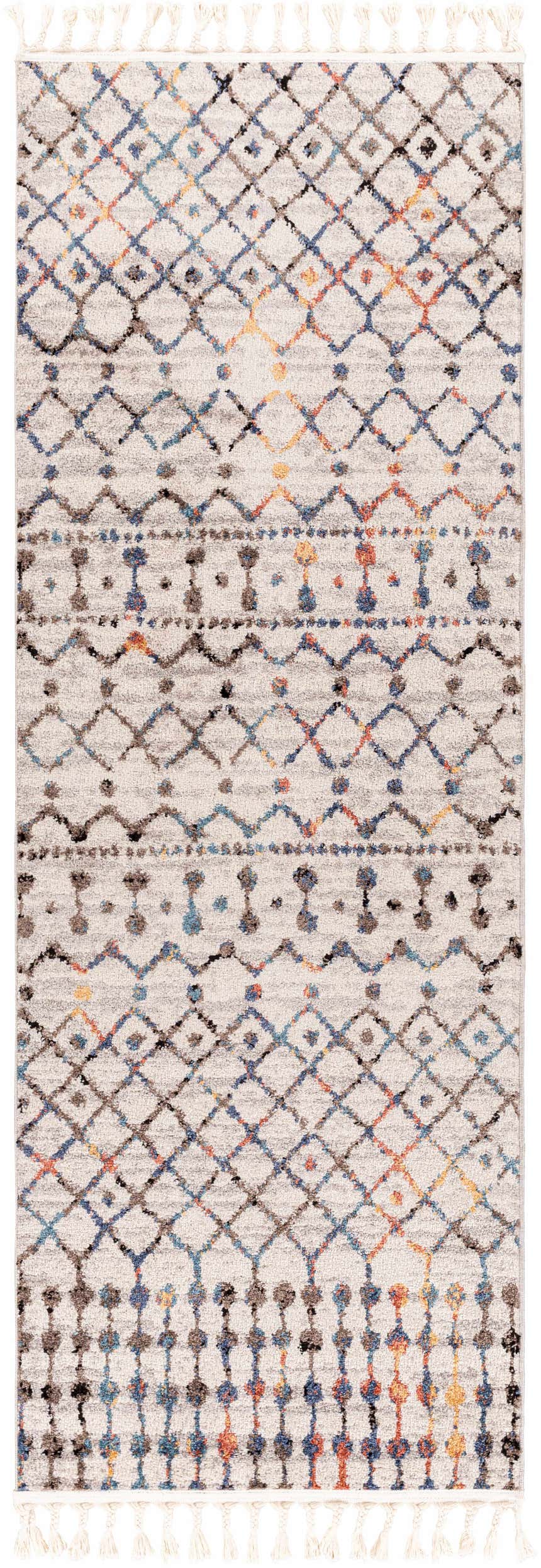 Close-up of the Itogon Area Rug. Bohemian geometric pattern in black, brick red, orange, gray, and teal with fringe. Design-Runner-2773