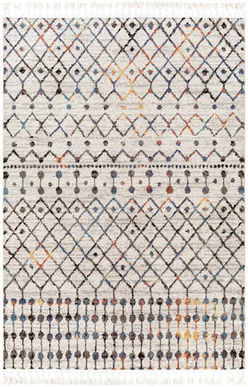 Close-up of the Itogon Area Rug. Bohemian geometric pattern in black, brick red, burnt orange, teal, and gray with fringe. Design-Rectangle-537