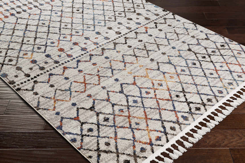 Close-up of Itogon Area Rug with geometric pattern in black, orange, blue, and brown on a light gray background. Tassels on the edge. Corner