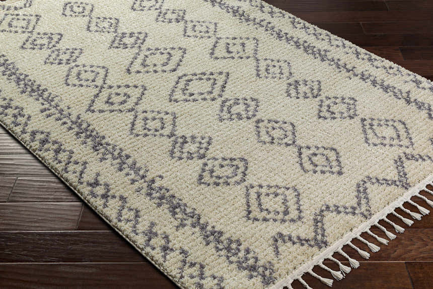 Close-up of the Jabonga Area Rug showing its cream color, geometric pattern, soft texture, and fringe detail on dark wood floor. Corner