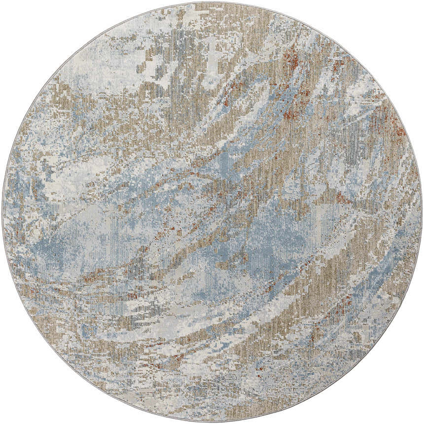 Close-up of round Jaela Thick Luxe Area Rug. Abstract design in light gray, medium brown, and blue hues. Design-Round-53