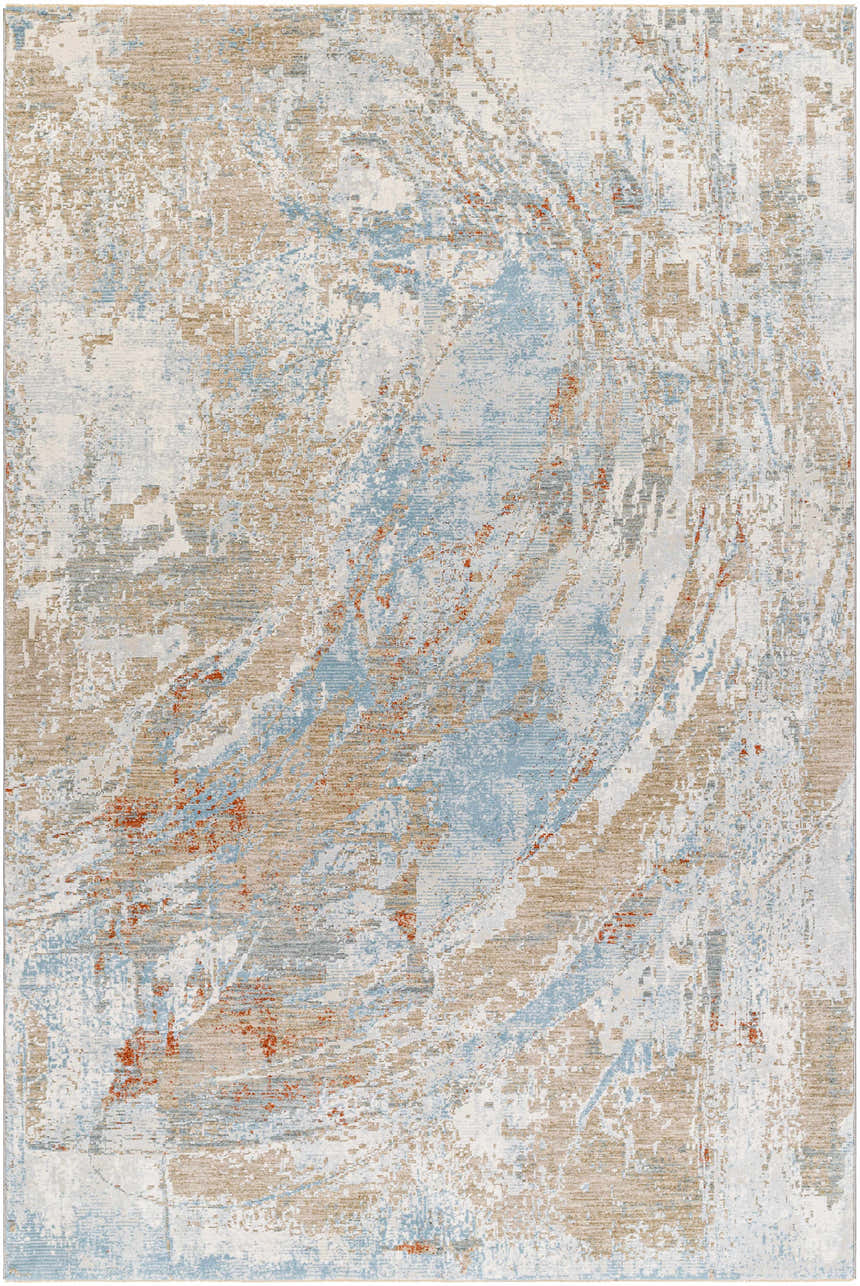 Close-up of the Jaela Thick Luxe Area Rug with a contemporary abstract design in brown, gray, and light blue tones. Design-Rectangle-6796