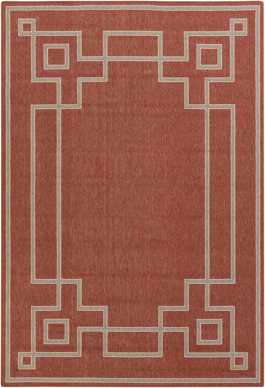 Close-up of the Jarrell Area Rug. Brick red olefin rug with a light beige geometric border pattern. Design-Rectangle-5376