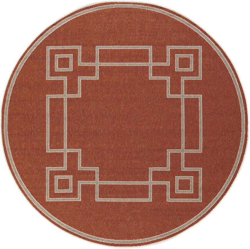 Round Jarrell Area Rug in brick red with a light beige geometric Greek key pattern and border. Design-Round-73