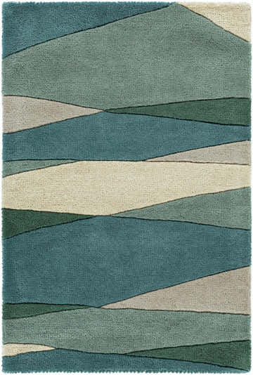 Close-up of the Jarratt Modern Wool Rug. Features an abstract, geometric pattern in cream, teal, and sage green hues. Hand-tufted texture. Design-Rectangle-23