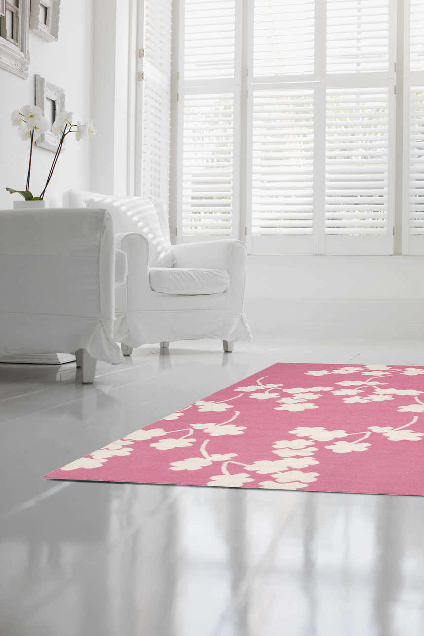 Bright sunlit room with white furniture and rose floral Johnstown Area Carpet. Roomscene-Rectangle