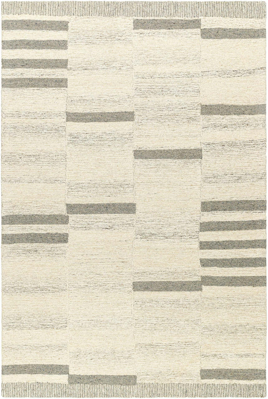Close-up of the Jeri Modern Wool Rug. Hand-tufted, beige and gray striped pattern, farmhouse style. Design-Rectangle-576