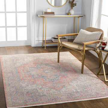 Entryway with a vintage Jrue Area Rug in light blue, red, and ivory tones. Gold console table and chair add a touch of elegance. Roomscene-Rectangle