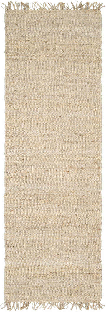 Close-up of the Iantha Jute Rug, a hand-woven rug in bleached jute and natural jute, showing texture and fringe detail. Design-Runner-268