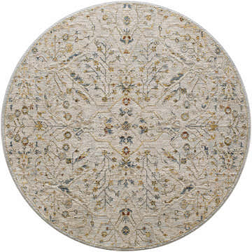 Round Kabungahan Oushak Style Floral Rug with cream, denim, mustard, and light brown floral design. Design-Round-53