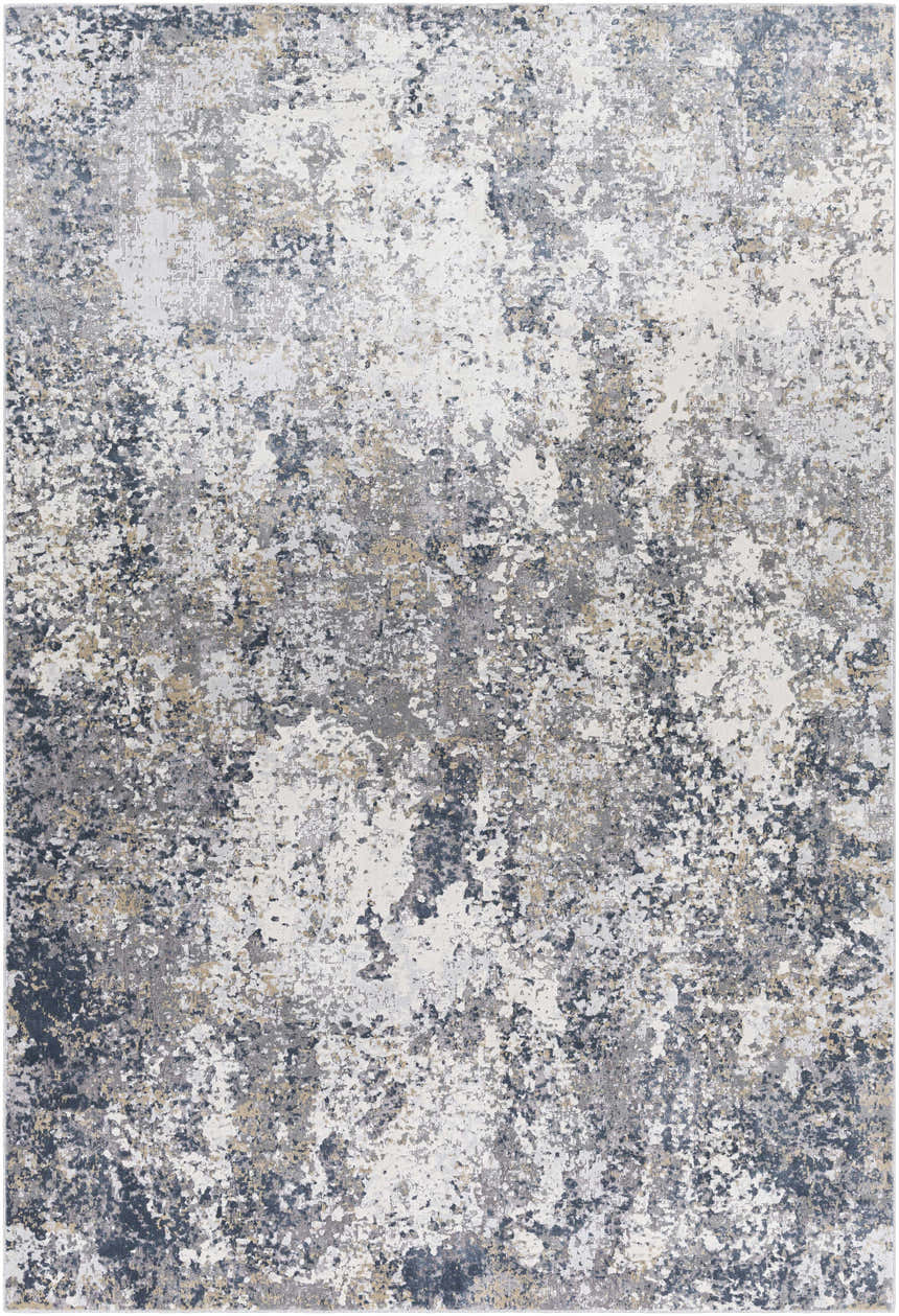 Close-up of the Kanahooka Area Rug. Machine-woven polypropylene rug in charcoal, dark blue, beige, gray, and tan. Contemporary style. Design-Rectangle-6796