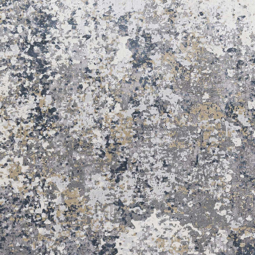 Close-up of the Kanahooka Area Rug. Abstract design in charcoal, dark blue, light beige, light gray, and tan. Swatch