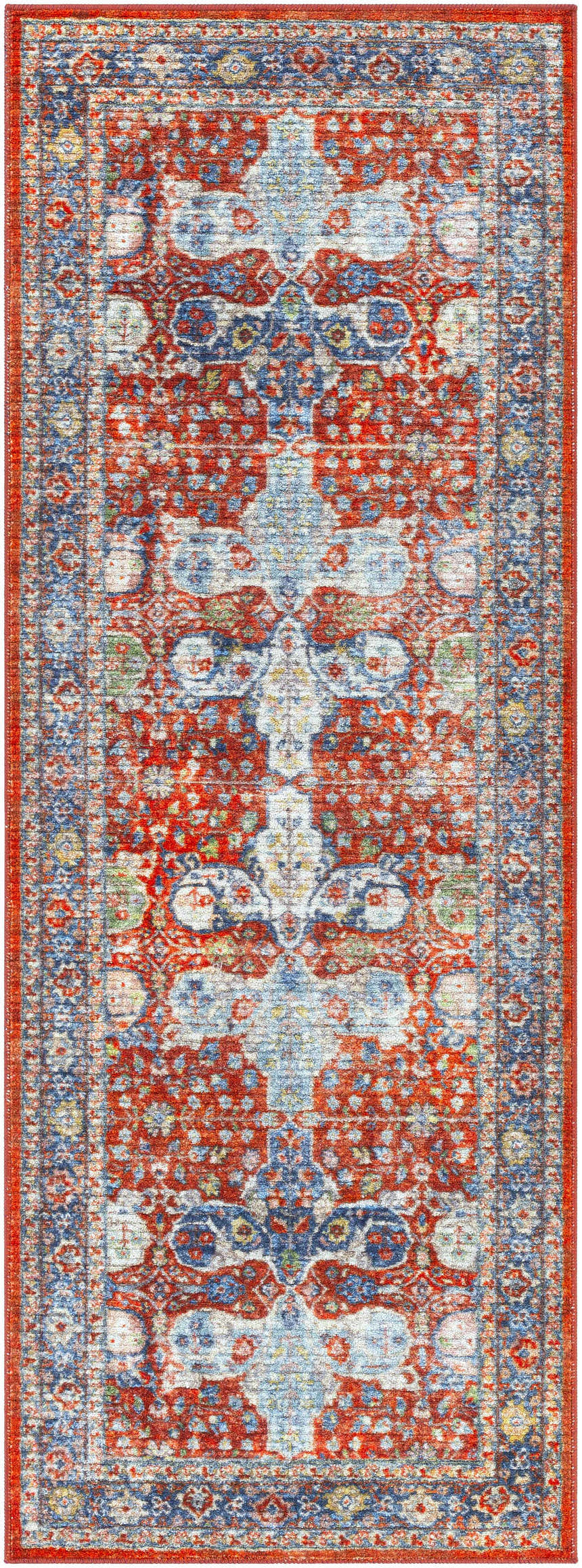 Close-up of the Kangundo Washable Area Rug. Runner rug features a traditional red, blue, and cream oriental pattern. Design-Runner-2773