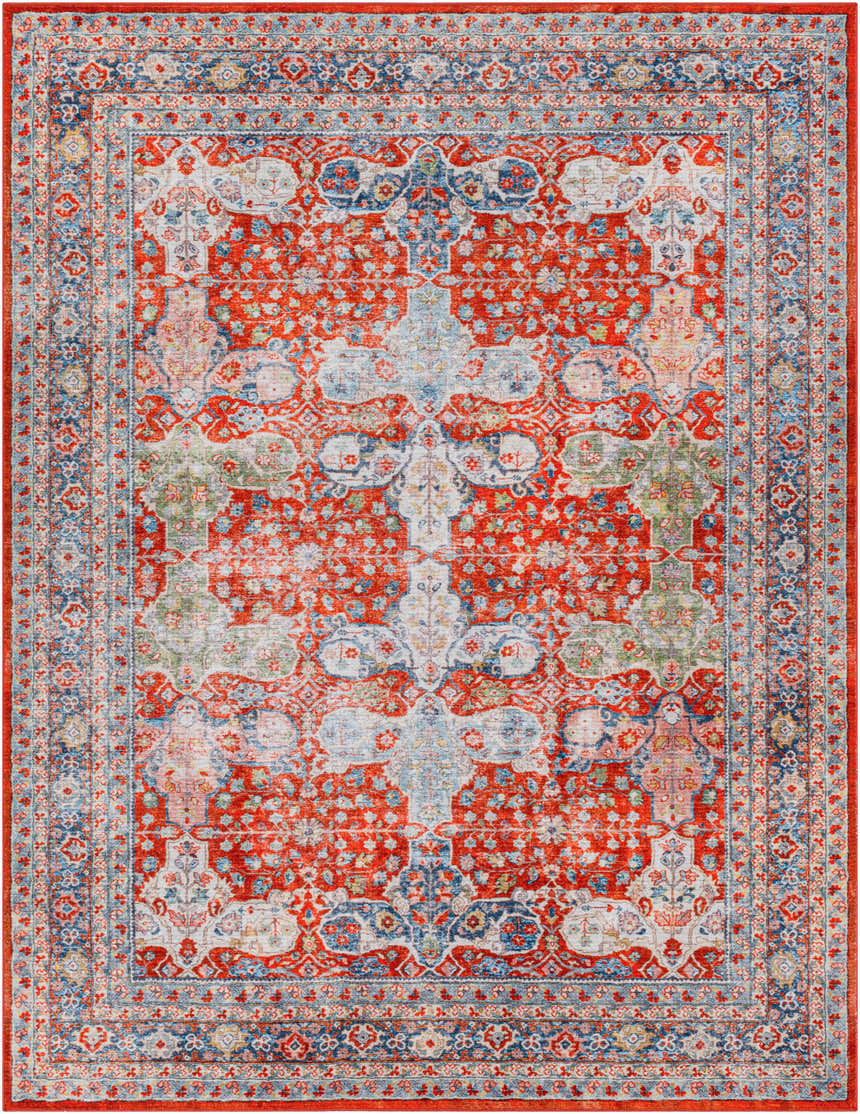 Close-up of the Kangundo Washable Area Rug, featuring a detailed red, blue, and cream traditional pattern. Design-Rectangle-710106