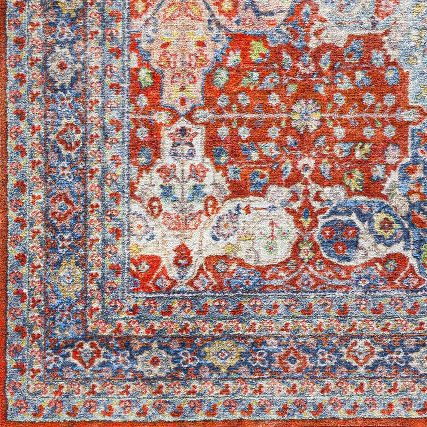 Close-up of the Kangundo Washable Area Rug, showcasing its red, blue, and cream traditional floral pattern and soft texture. Swatch