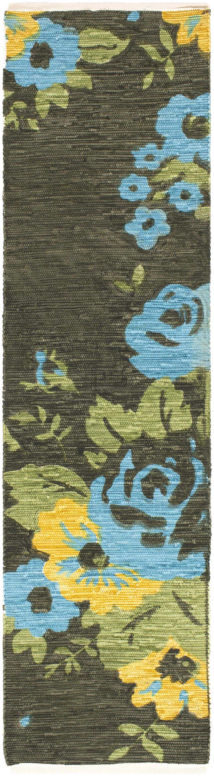 Close-up of the Kanosh Carpet: a hand-woven cotton rug with a contemporary floral design in aqua, green, saffron, and yellow. Design-Runner