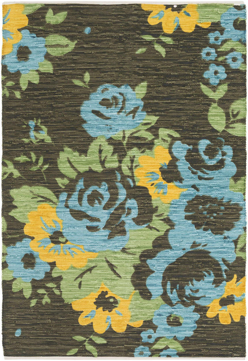 Close-up of the Kanosh Carpet. Hand-woven cotton rug with a contemporary floral design in aqua, saffron, sage, and sky blue. Design-Rectangle-576