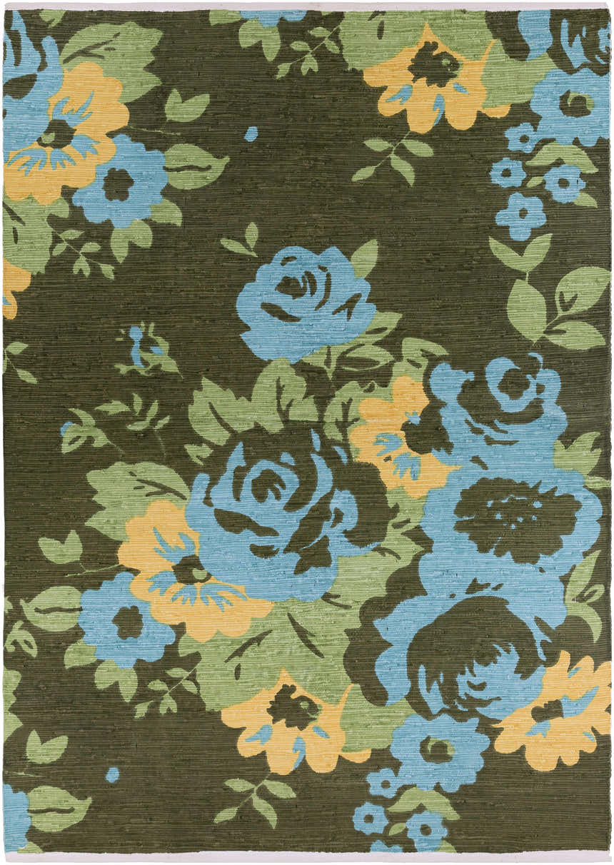 Close-up of the Kanosh Carpet. Hand-woven cotton rug with a contemporary floral design in aqua, yellow, and green. Design-Rectangle-811
