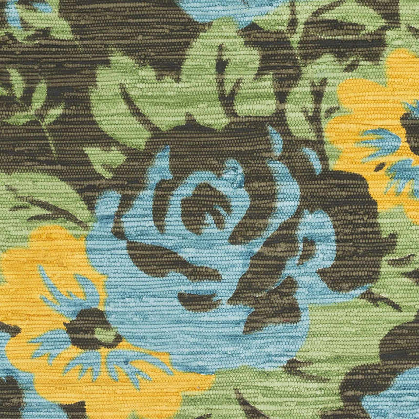 Close-up of the Kanosh Carpet, a hand-woven cotton rug with a contemporary floral design in aqua, yellow, and green. Swatch