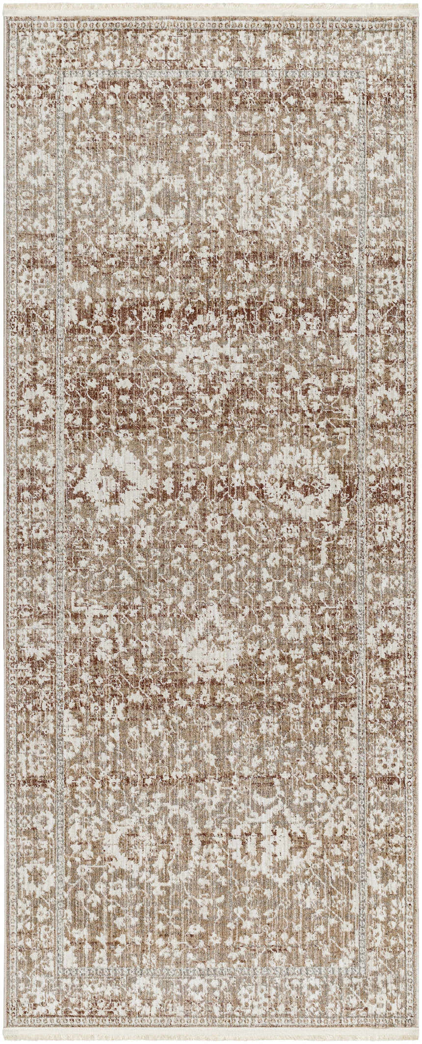 Close-up of the Kaongkod Area Rug. Traditional design in ivory, medium brown, and dusty pink hues. Machine woven polyester rug. Design-Runner