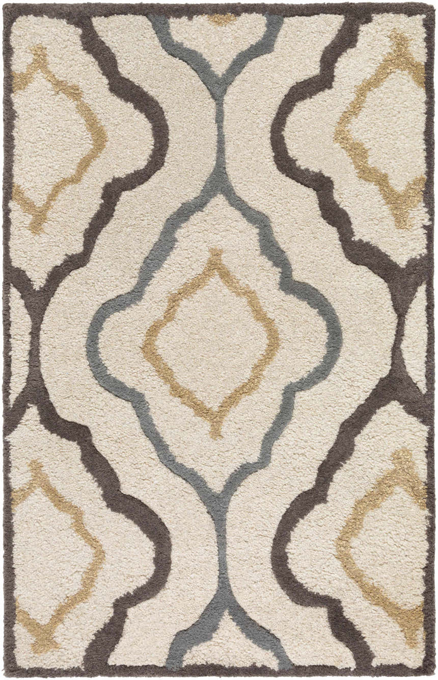 Close-up of Karval Clearance Rug. Hand-tufted wool rug with a contemporary trellis pattern in ivory, brown, gray, and gold. Design-Rectangle-23